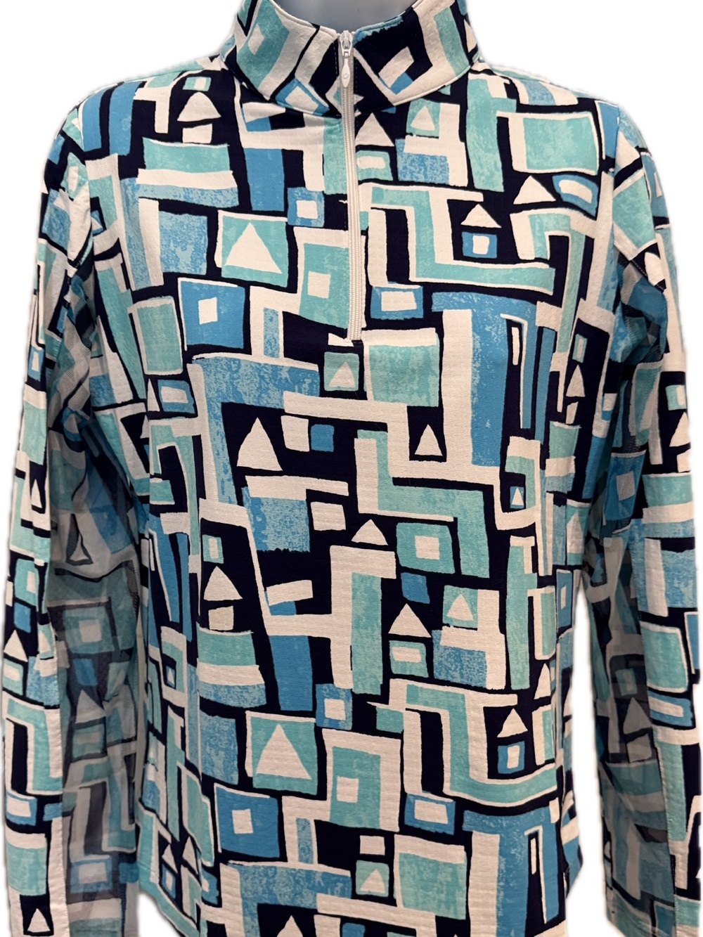 IBKUL Women's Long-Sleeve Geometric Top in Teal, Navy & White